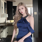 Sexy royal blue halterneck diamond chain backless satin dress YM1912