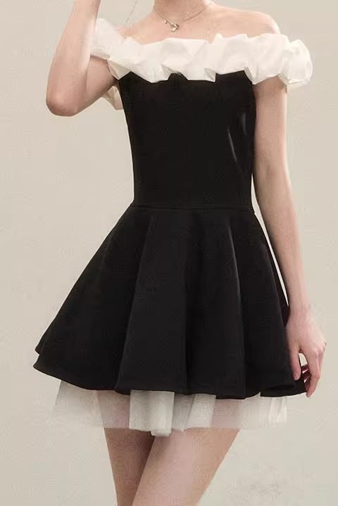 Classy Off The Shoulder ALine Short Dress Black Holiday Dress  YM2164