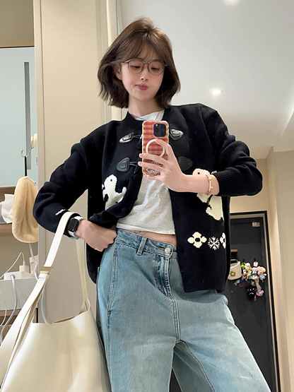 Black Retro Horn Button Rabbit Embroidered Cardigan Sweater YM2403