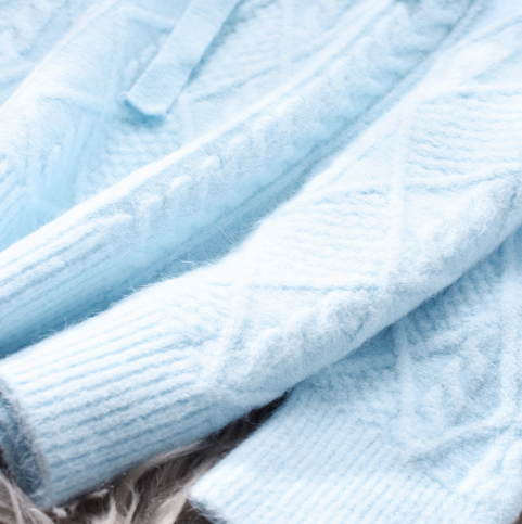 Sky Blue Hooded Cable Pullover Sweater Soft And Stylish Knitted Sweater YM2364