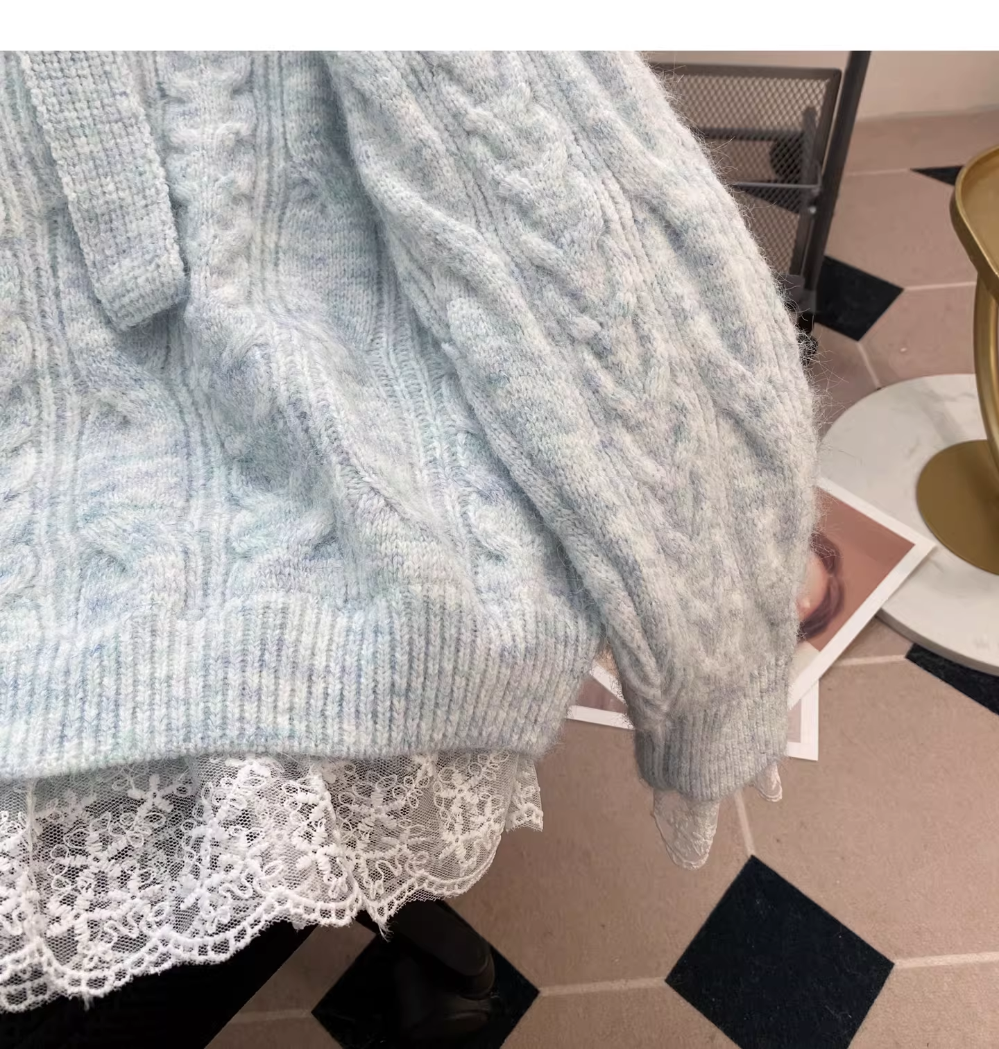 Sweet Blue Lace-trimmed Faux Two-piece Sweater With Tie Bow YM2447