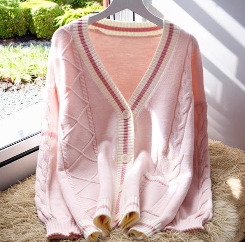 Pink V-neck Sweater Jacket Thickened Soft Knitted Cardigan YM2379