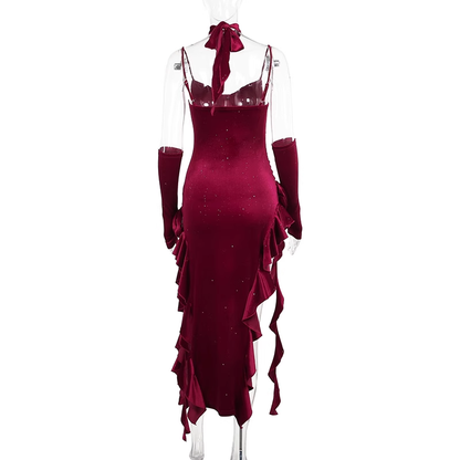 Sexy Spaghetti Straps Red Velvet Ruffle Slit Party Dress Birthday Dress YM2210