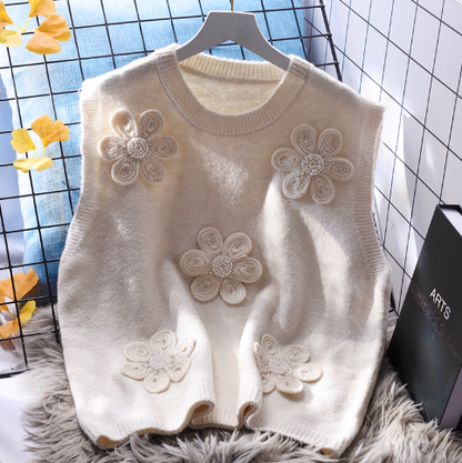 Flower Round Neck Knitted Women's Vest Autumn New Sweet Sweater Vest YM2348