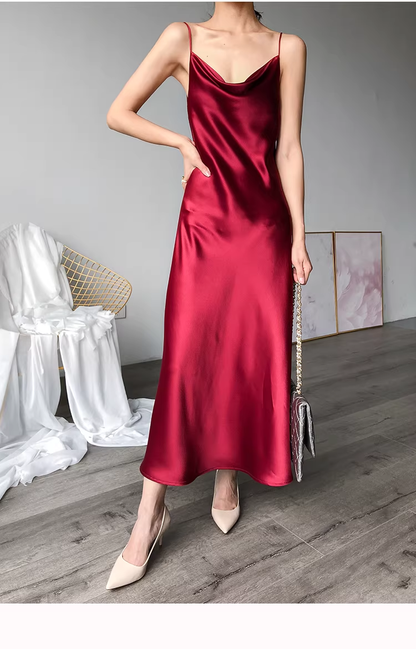 Burgundy Spaghetti Straps Satin Long Birthday Party Dress YM2442
