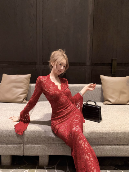 Sexy Red V-Neck Lace Long Sleeve Prom Dress Party Dress YM1817