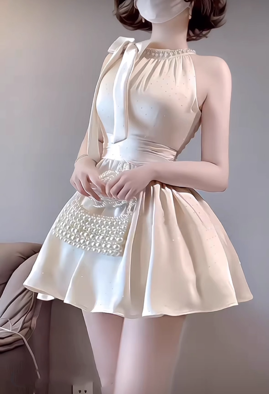 Glitter Bow Halter Neck A Line Holiday Birthday Dress YM2126