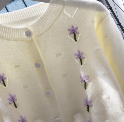 Round Neck Short Gentle Style Hollow Sweater Cardigan Autumn New Embroidered Knitted Jacket YM2350