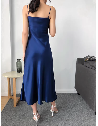 Fashion Spaghetti Straps V Neck Navy Blue Satin Mermaid Long Birthday Party Dress YM2432