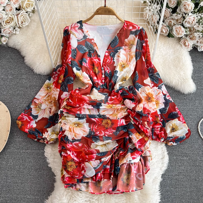 Lantern long-sleeved V-neck pleated printed irregular ruffle dress YM584