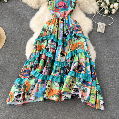 women's printed retro suspender dress YM1148
