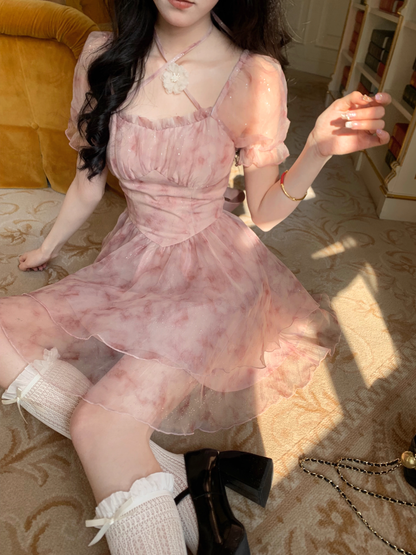 Sweet Pink Princess Organza Splicing Tie Waist Printed Puffy Prom Dress Birthday Party Dress YM2046