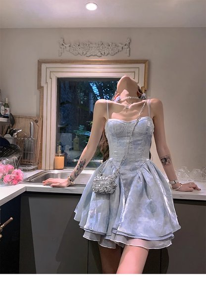 Blue Spaghetti Straps Birthday Party Dress YM1971