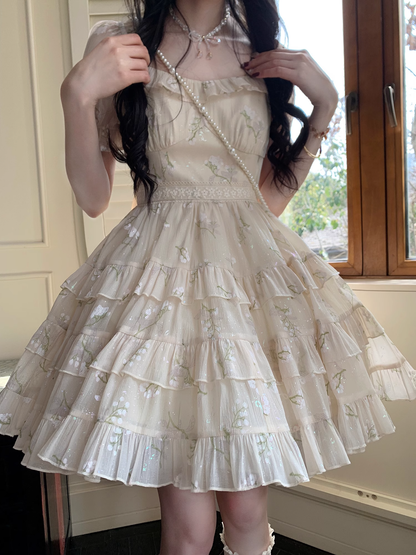 Sweet And Gentle Bow Print Gold-Stamped Cake Tutu Dress Birthday Party Dress YM2048