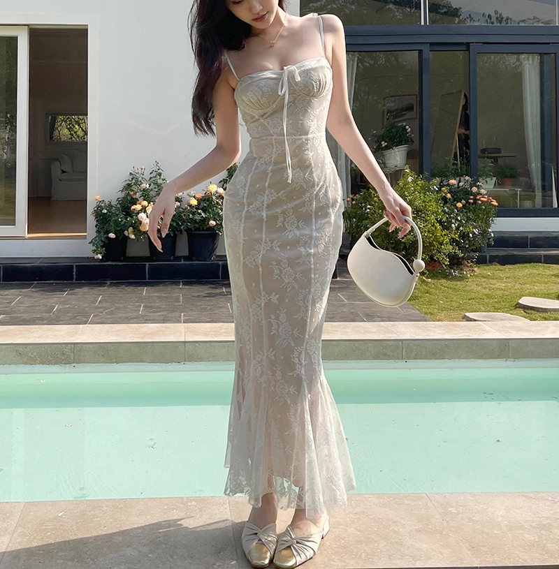 Sexy Black Lace Suspender Holiday Dress Sheath Mermaid Long Birthday Dress YM2258