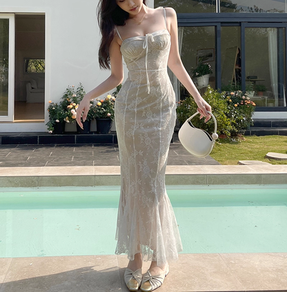 Sexy Black Lace Suspender Holiday Dress Sheath Mermaid Long Birthday Dress YM2258