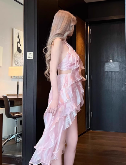 Pink gradient gauze multi-layered ruffled halterneck halter party dress YM1911