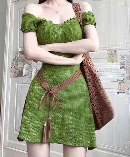 Vintage V-Neck Sleeveless Short Dress Green Vacation Dress YM2162