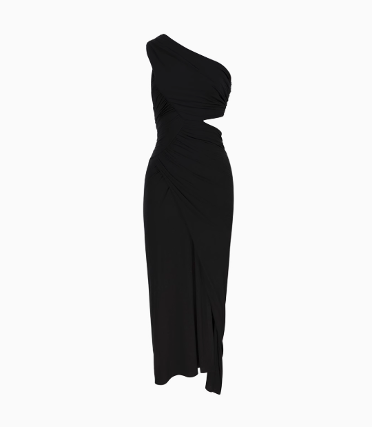 Black spliced hollow one shoulder slit sheath long party dress YM1961