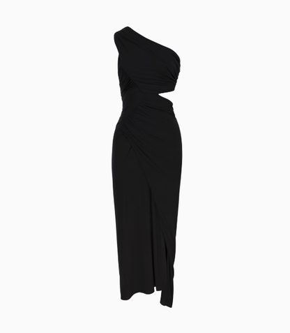 Black spliced hollow one shoulder slit sheath long party dress YM1961