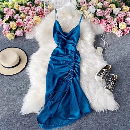Fashionable V-neck backless drawstring pleated satin suspender dress  YM592