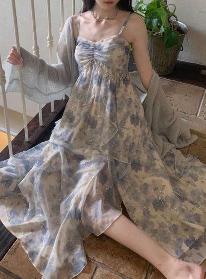 Blue High Waist Ruffled Sequin Print Floral Straps Birthday Party Dress YM2029