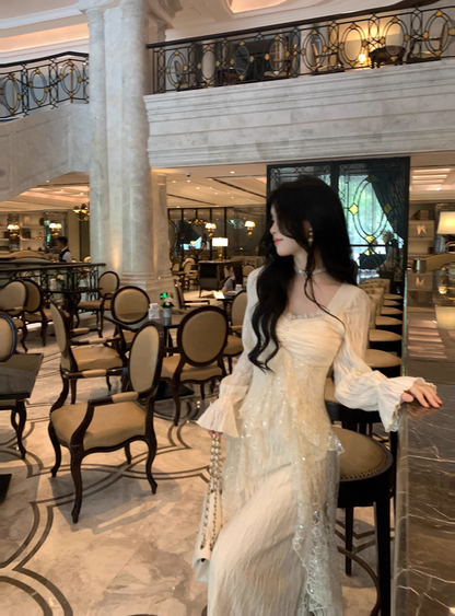 High-End And Gentle Style Lace Sequins Ruffled White Moonlight Prom Dress Apricot Party Dress YM2037