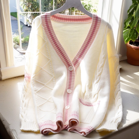 Pink V-neck Sweater Jacket Thickened Soft Knitted Cardigan YM2379
