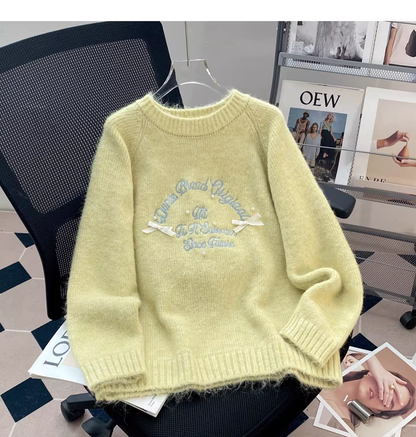 Cute Apricot Embroidered Bow Pullover Sweater YM2426
