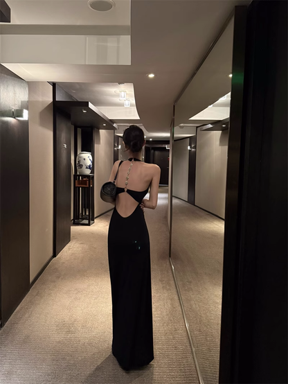 Black Halter Backless Long Party Dress Birthday Outfits YM2108