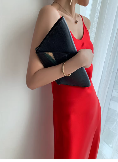 Simple Bean Paste Green Satin Long Party Dress Birthday Outfits YM2433