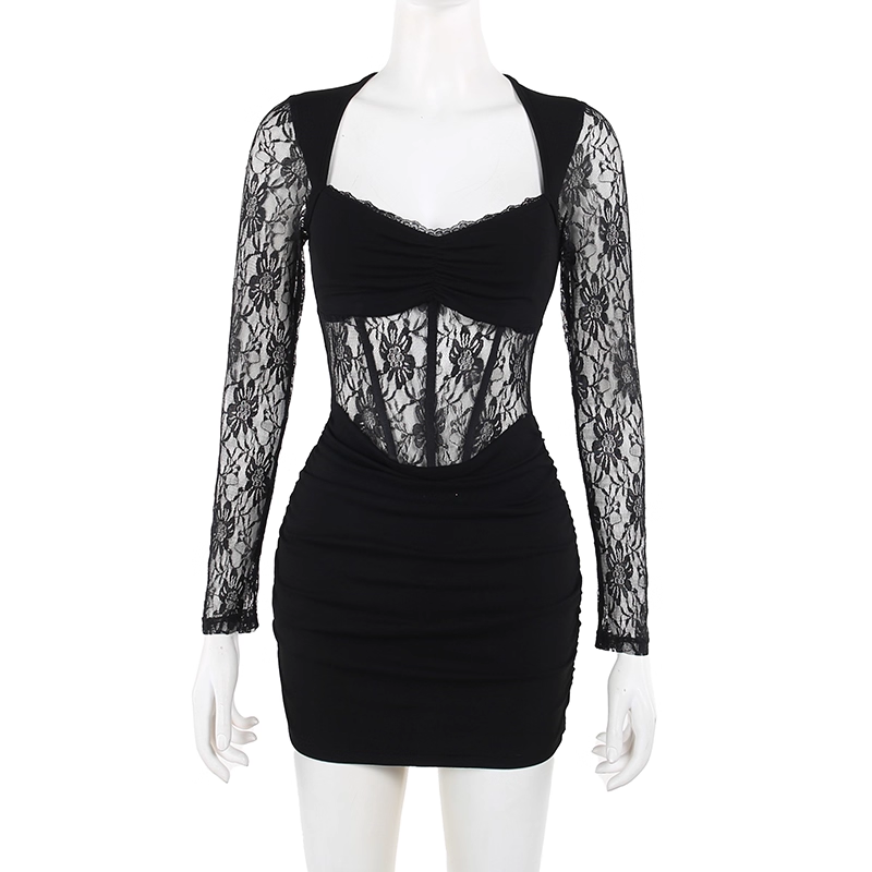 Sexy Black Lace Long-Sleeved Sheath Short Holiday Dress  YM2259