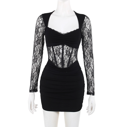 Sexy Black Lace Long-Sleeved Sheath Short Holiday Dress  YM2259