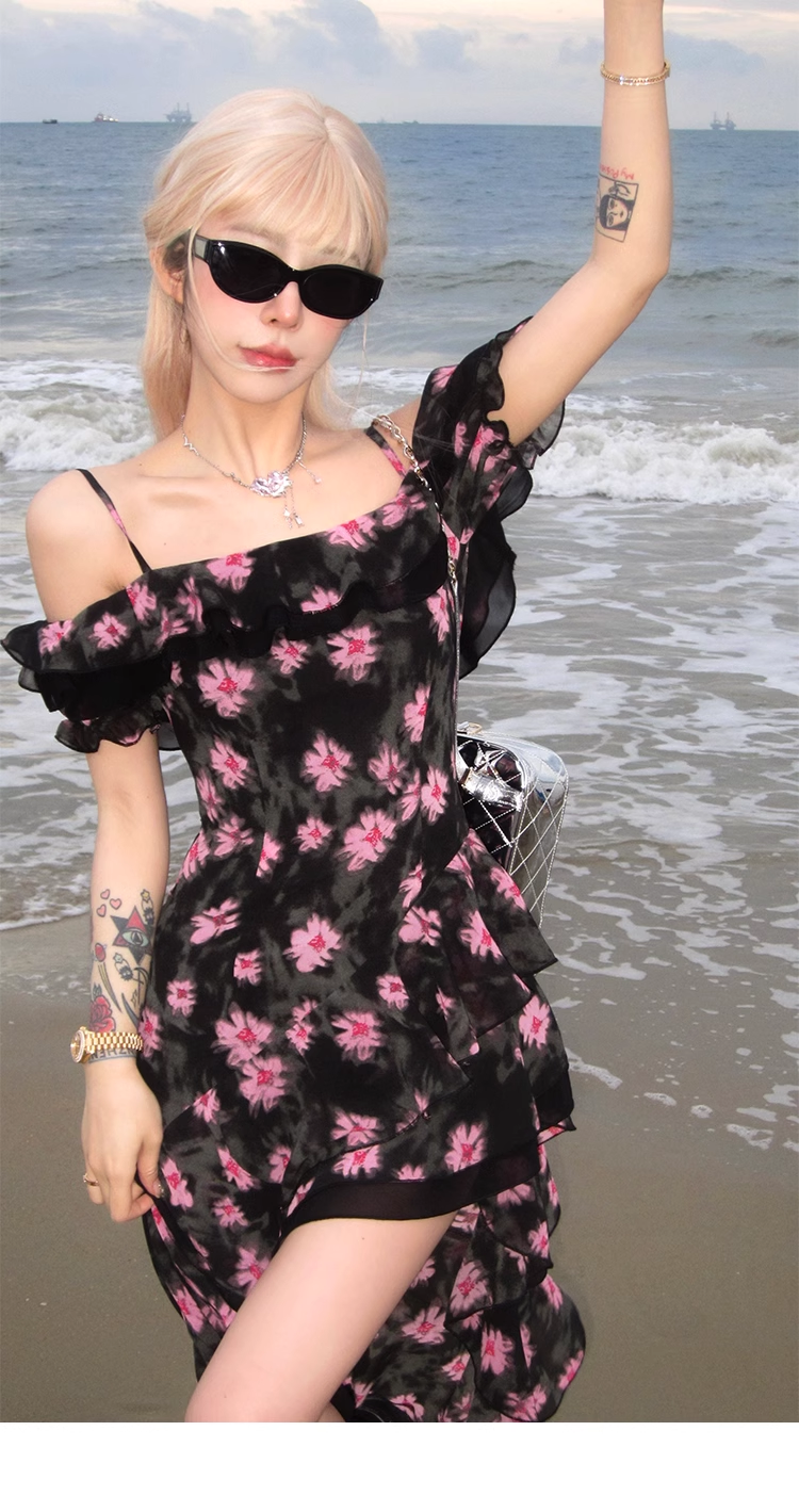 Charming Off The Shoulder Floral Chiffon Long Prom Dress Irregular Party Dress YM2008