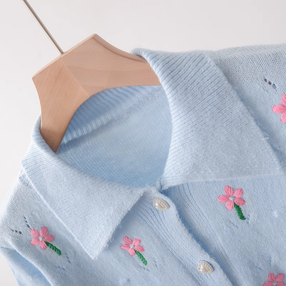 Floral embroidered POLO collar knitted cardigan YM657