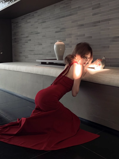 Red Three-Dimensional Flower Halter Party Dress Deep V Slit Evening Dress YM2115