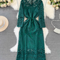 Women's long-sleeved round neck mid-length hollow lace dress YM882