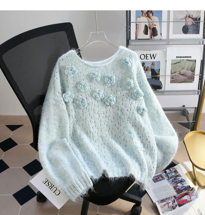 Light Green Sequined 3D Flower Knitted Sweater YM1933