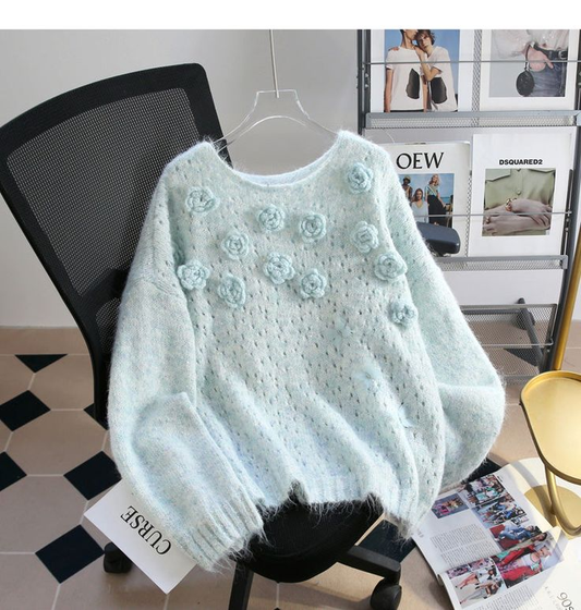 Light Green Sequined 3D Flower Knitted Sweater YM1933