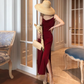 Burgundy sheath sexy spaghetti straps prom dress long party dress YM1952