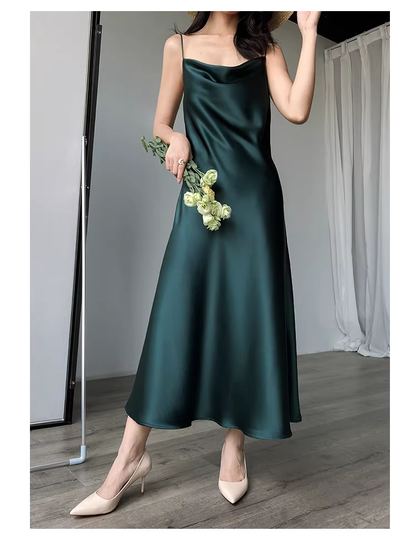 Elegant Dark Green Spaghetti Straps Satin Long Party Dress Holiday Dress YM2437
