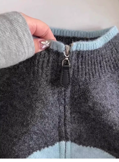 Gray High-end Contrast Color Zipper Knitted Cardigan Soft Waxy Sweater Jacket YM2395