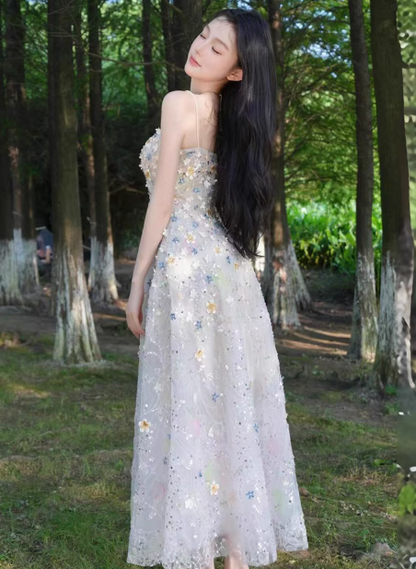 Classy White Tulle Flower A Line Long Birthday Dress Party Dress YM2143