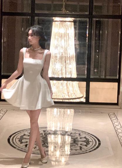 Cute White U-Neck Suspender Birthday Dress Short A Line Party Dress YM2058