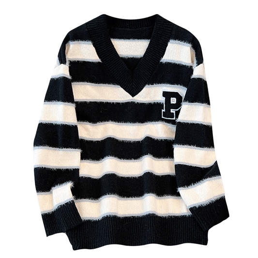 Black Striped Knitted Sweater For Women, Fashionable And Slim Casual Sweater For Early Autumn YM2302