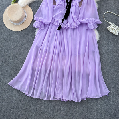 Vintage style long sleeve bow V-neck ruffled A-line chiffon dress YM1043