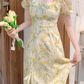 Beach vacation yellow floral puff sleeve dress for women summer  YM1132