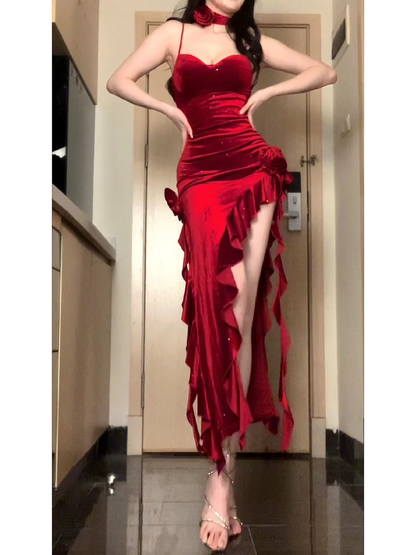 Sexy Spaghetti Straps Red Velvet Ruffle Slit Party Dress Birthday Dress YM2210