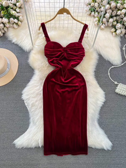 women's mid-length velvet suspender dress YM878