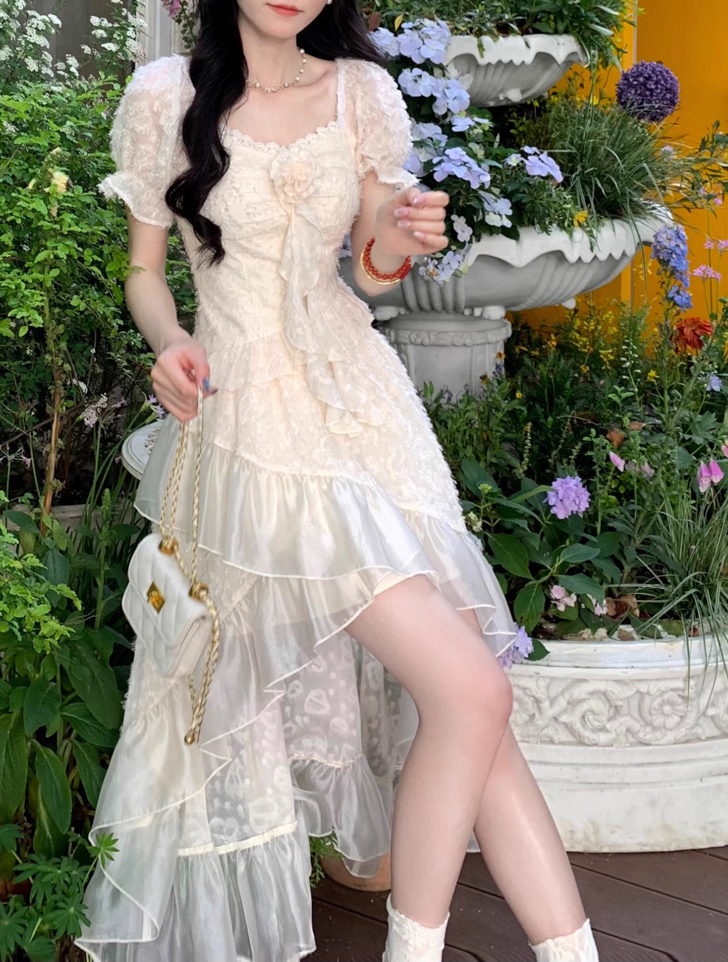 Classy Apricot Tulle Flower Ruffles Long Prom Dress Party Dress YM2051